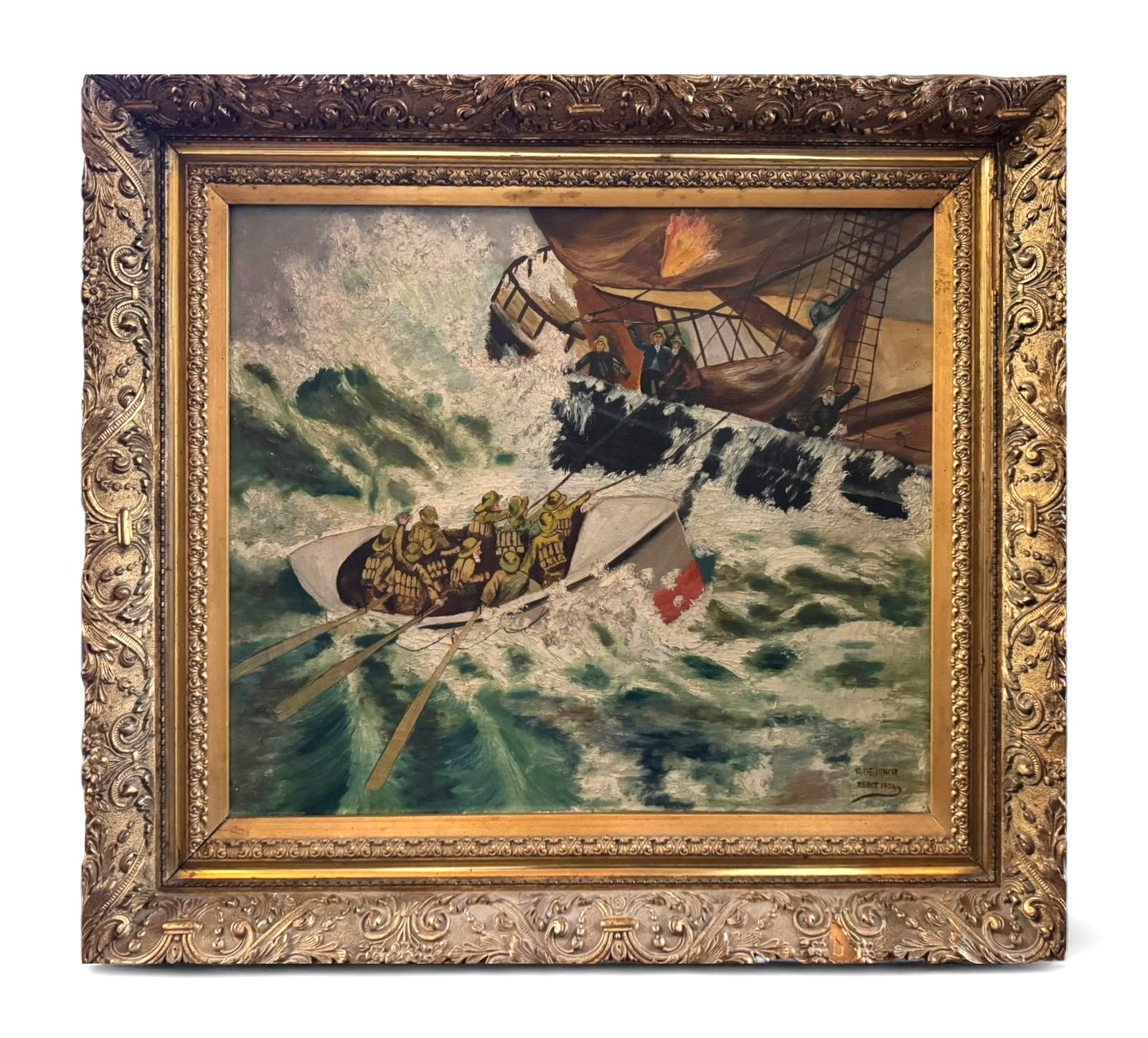 Antique 1904 Maritime Rescue Painting - Signed and dated